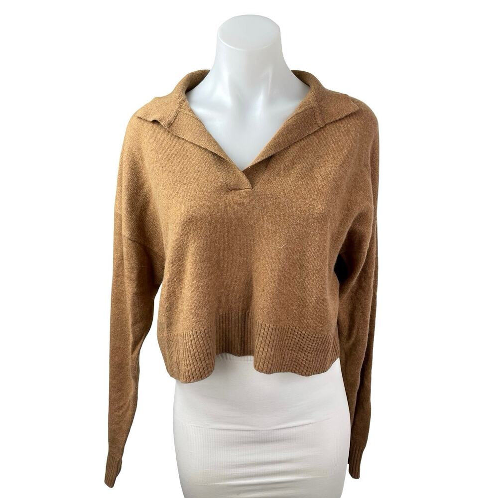 Reformation Camel Tan 100% Cashmere Long Sleeve Cropped Polo Sweater Top Size S